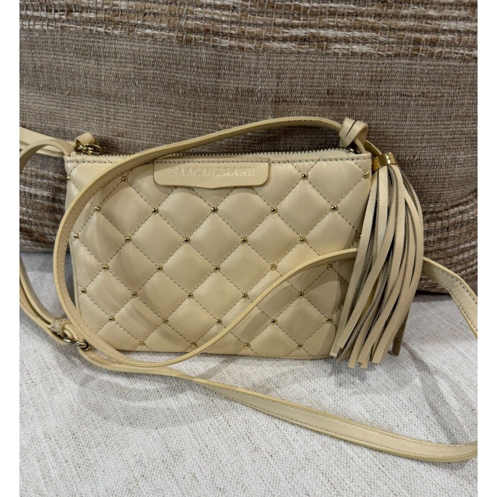 Isaac‎ Mizrahi Live! Quilted Lambs Leather Tassel Mini Crossbody in Bone NWOT
